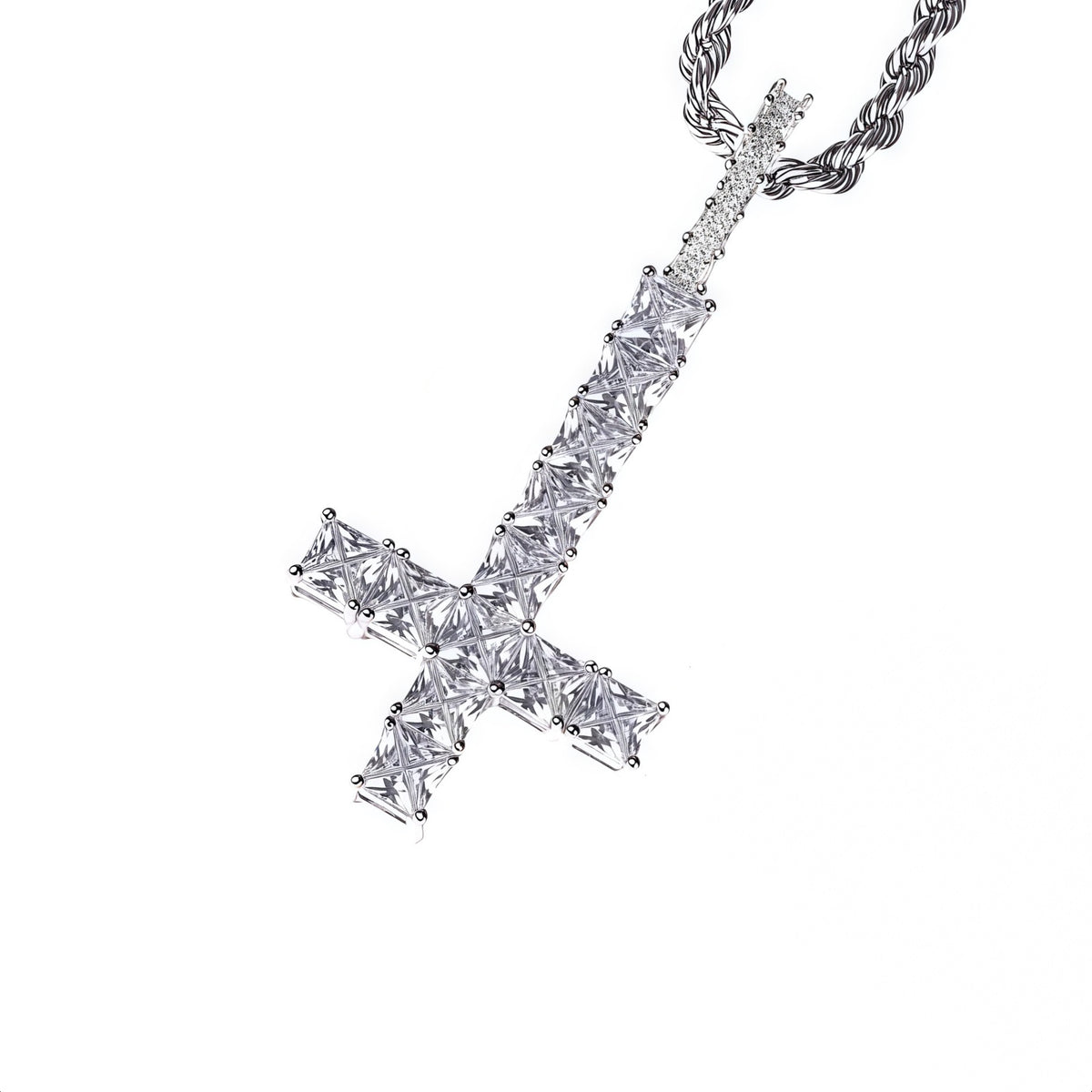 SSS- Up side Dowm Cross Icedout round cut diamond pendant
