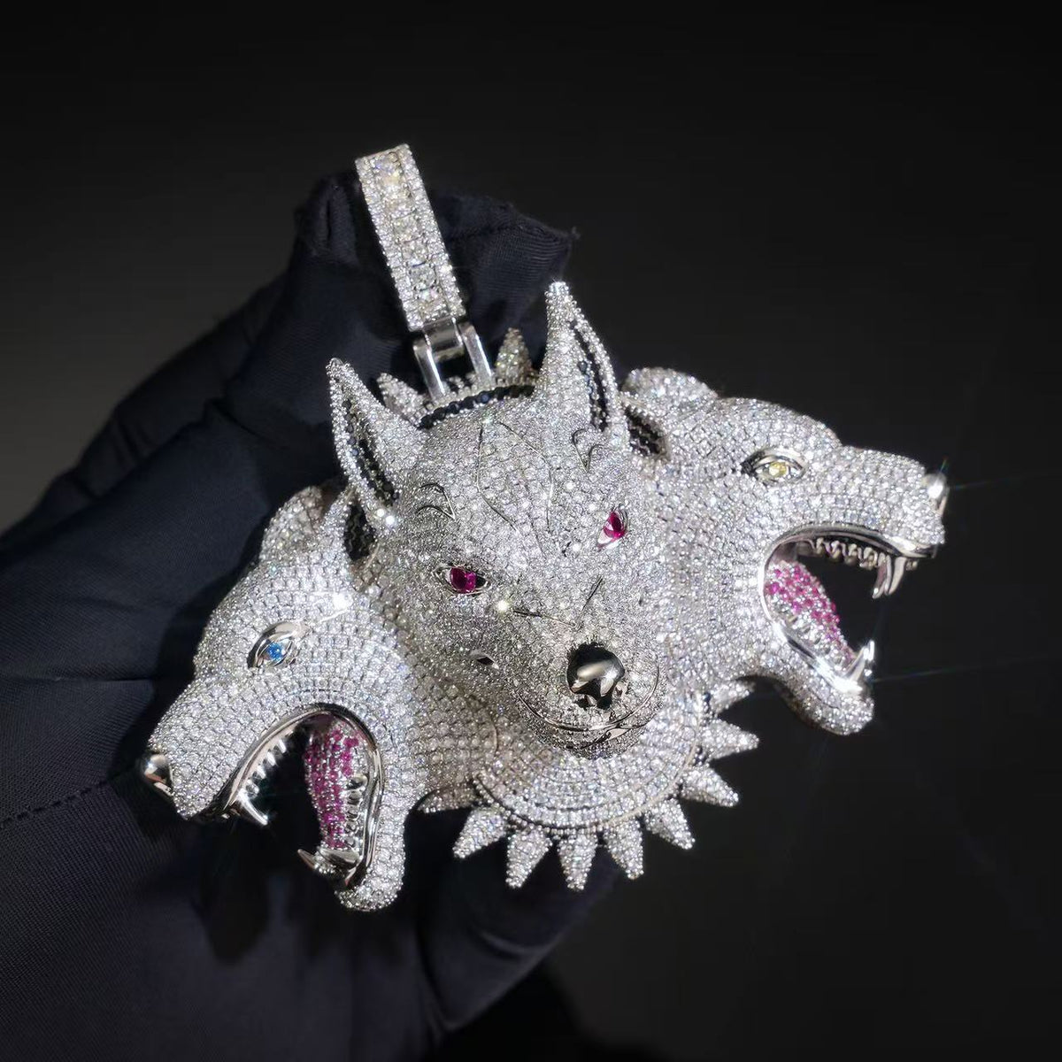 SSS - Custom Triple Wolves Head Diamond pendant set s925 Moissanite Diamond