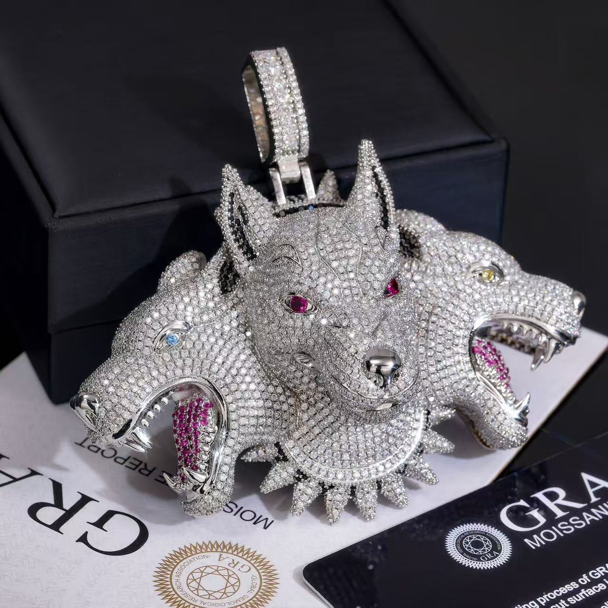 SSS - Custom Triple Wolves Head Diamond pendant set s925 Moissanite Diamond