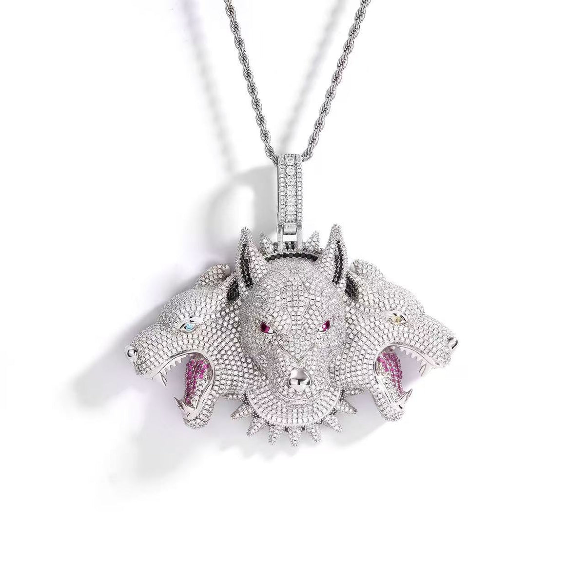 SSS - Custom Triple Wolves Head Diamond pendant set s925 Moissanite Diamond