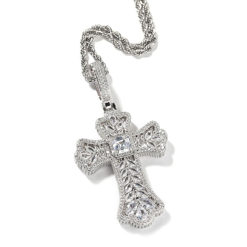 SSS - Icedout Ornate sapphire Cross gemstone Diamonds necklace