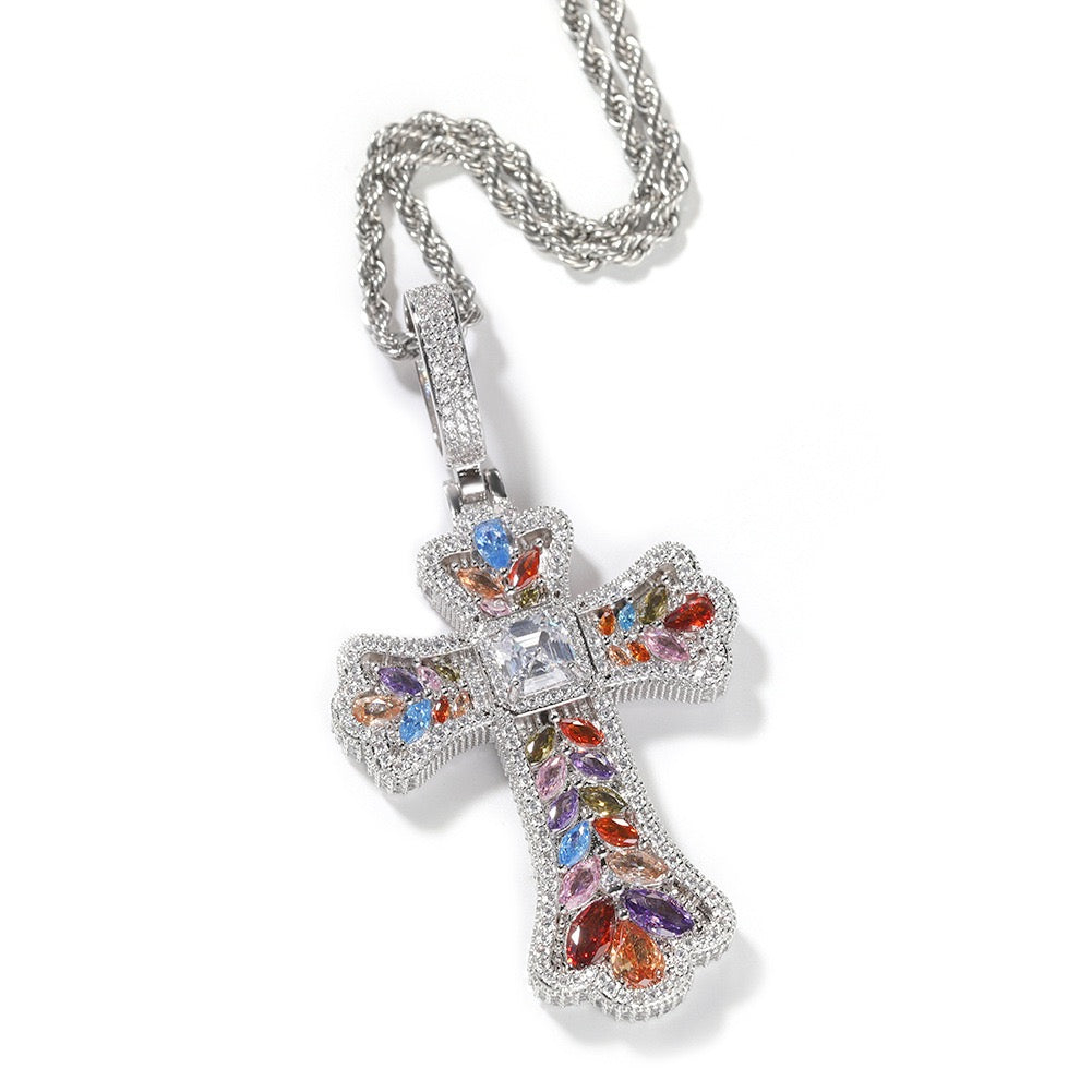 SSS - Icedout Ornate sapphire Cross gemstone Diamonds necklace