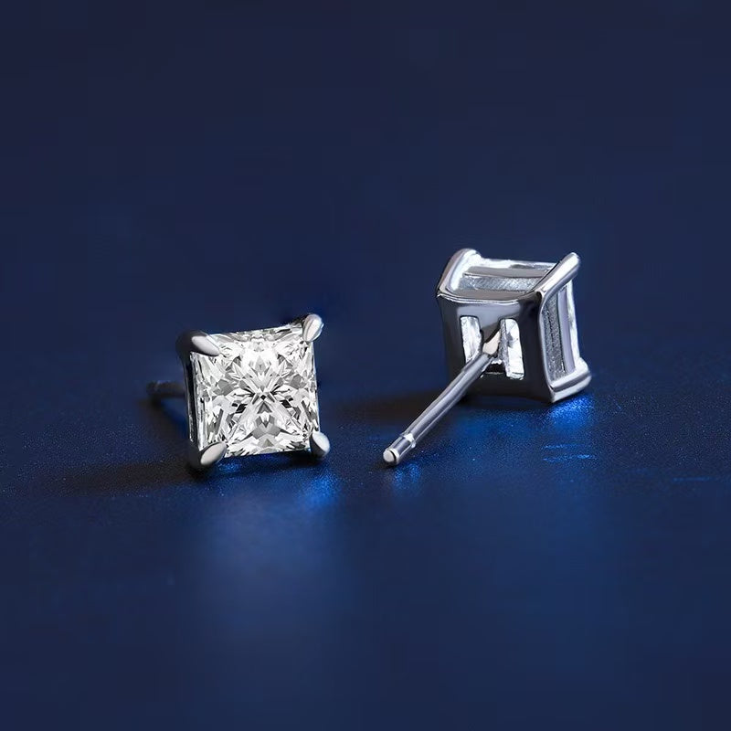 SSS - 4 prongs princess cut stud Moissanite diamond earrings