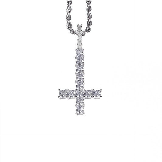 SSS- Up side Dowm Cross Icedout  round cut diamond pendant