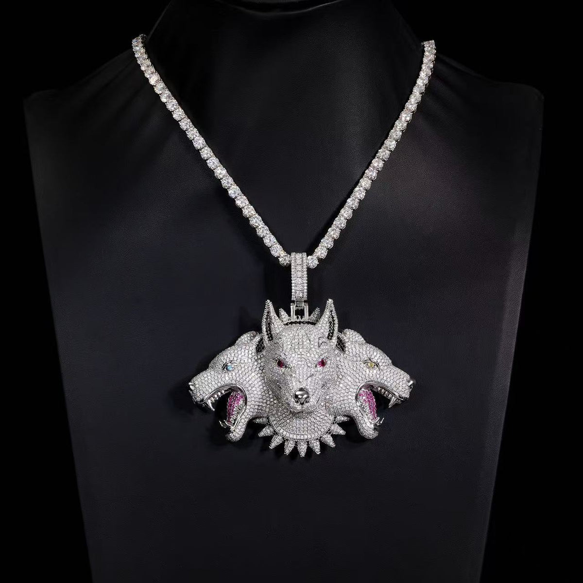 SSS - Custom Triple Wolves Head Diamond pendant set s925 Moissanite Diamond