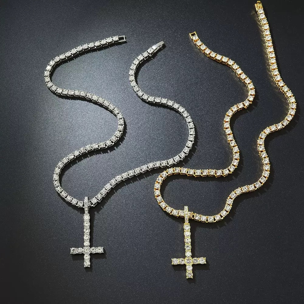 SSS- Up side Dowm Cross Icedout  round cut diamond pendant