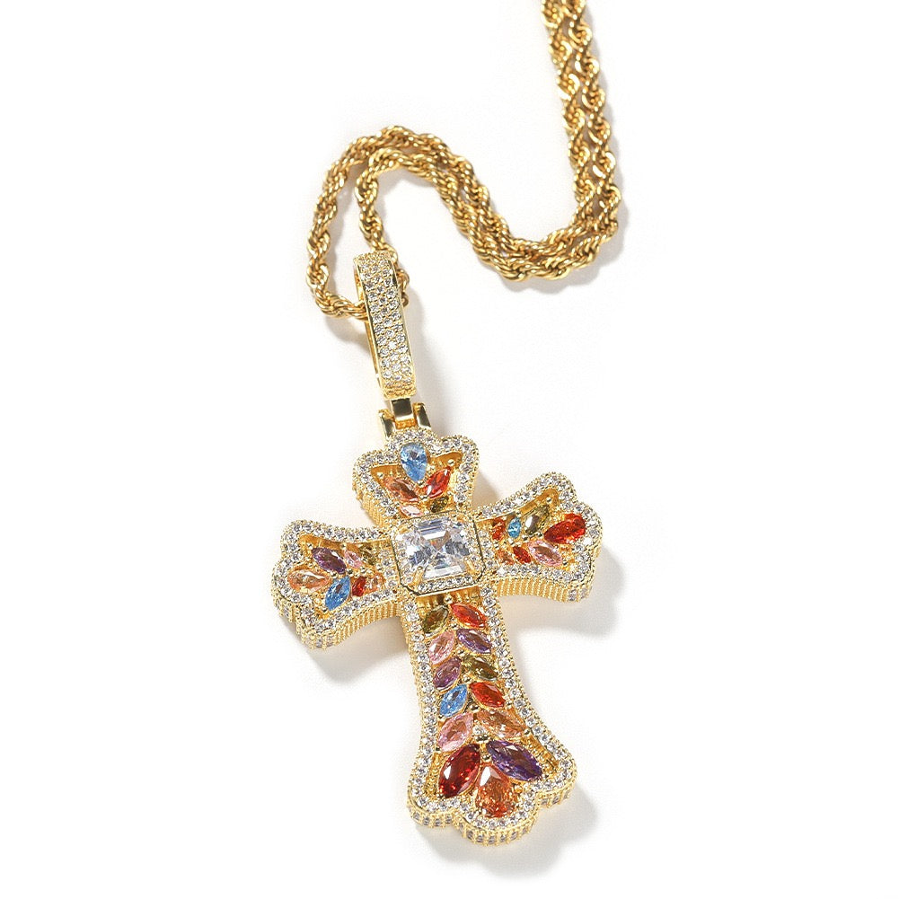 SSS - Icedout Ornate sapphire Cross gemstone Diamonds necklace