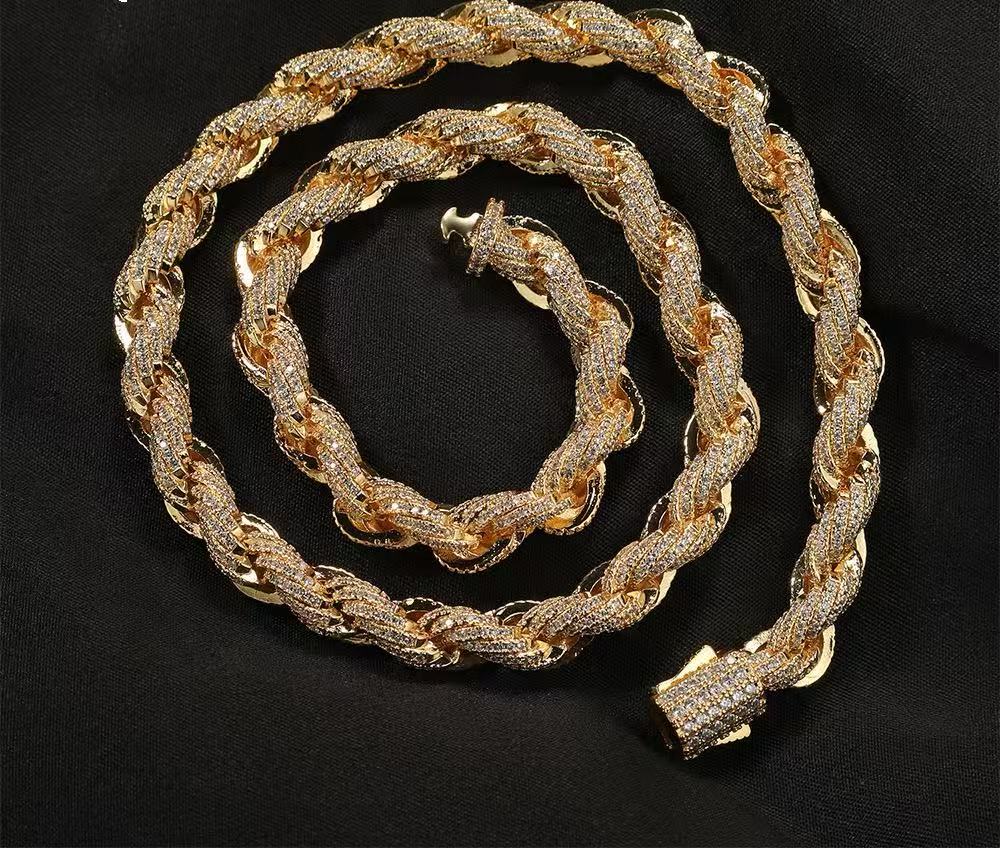 SSS - 8MM Rope twist diamond gold 14k solid gold chain necklace