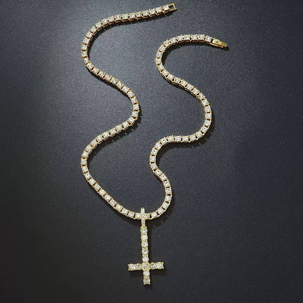 SSS- Up side Dowm Cross Icedout  round cut diamond pendant