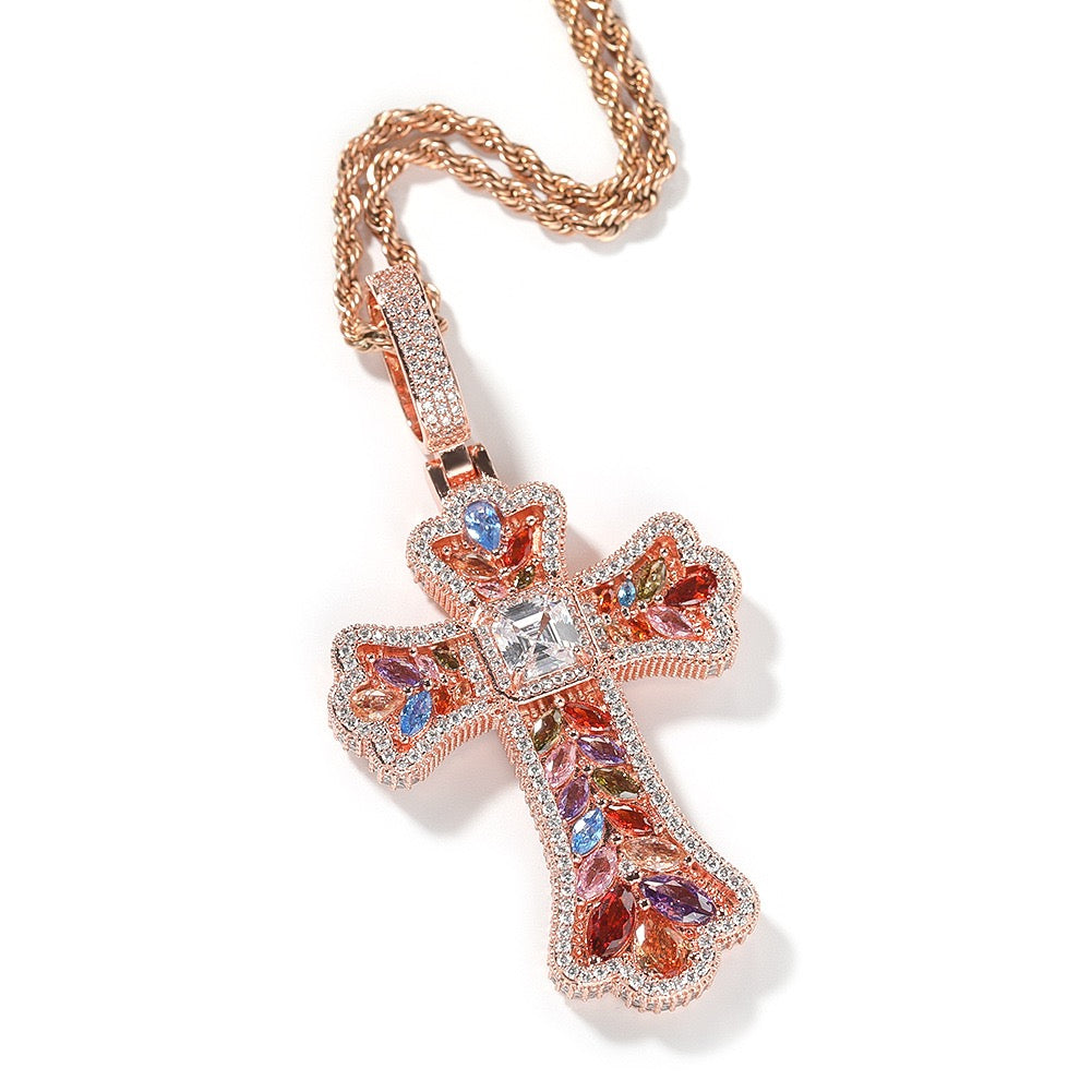 SSS - Icedout Ornate sapphire Cross gemstone Diamonds necklace