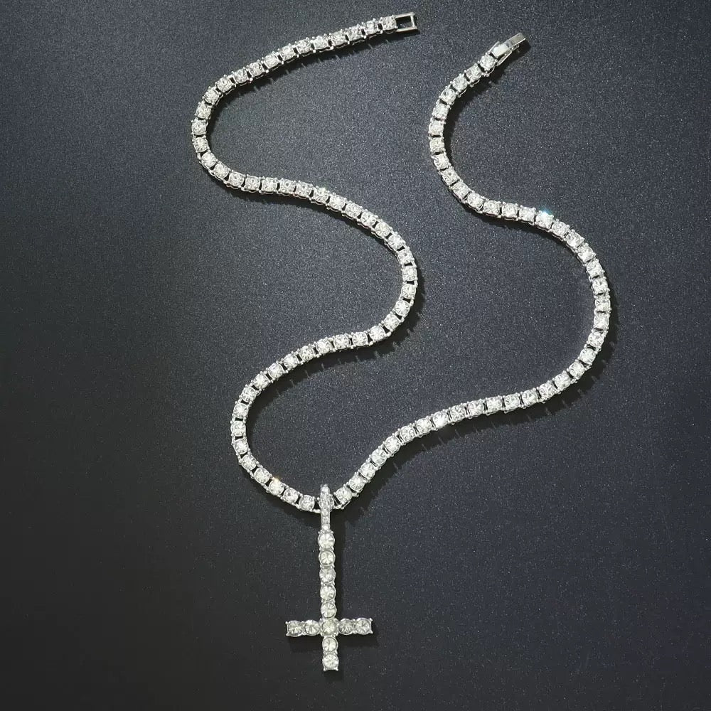 SSS- Up side Dowm Cross Icedout  round cut diamond pendant