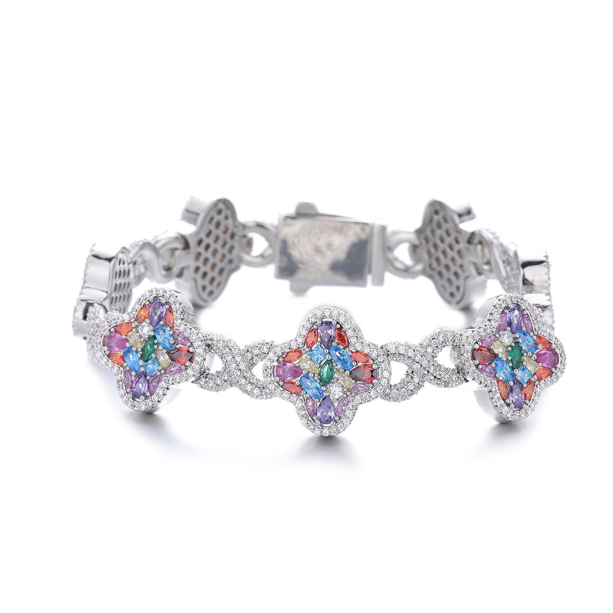 SSS - Four leaf Clover Multicolor Church font sapphire gemstone link bracelet