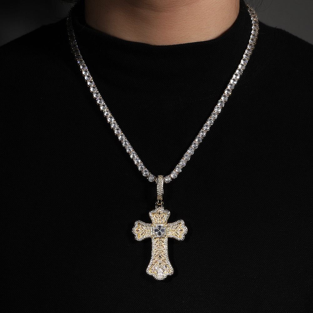 SSS - Icedout Ornate sapphire Cross gemstone Diamonds necklace