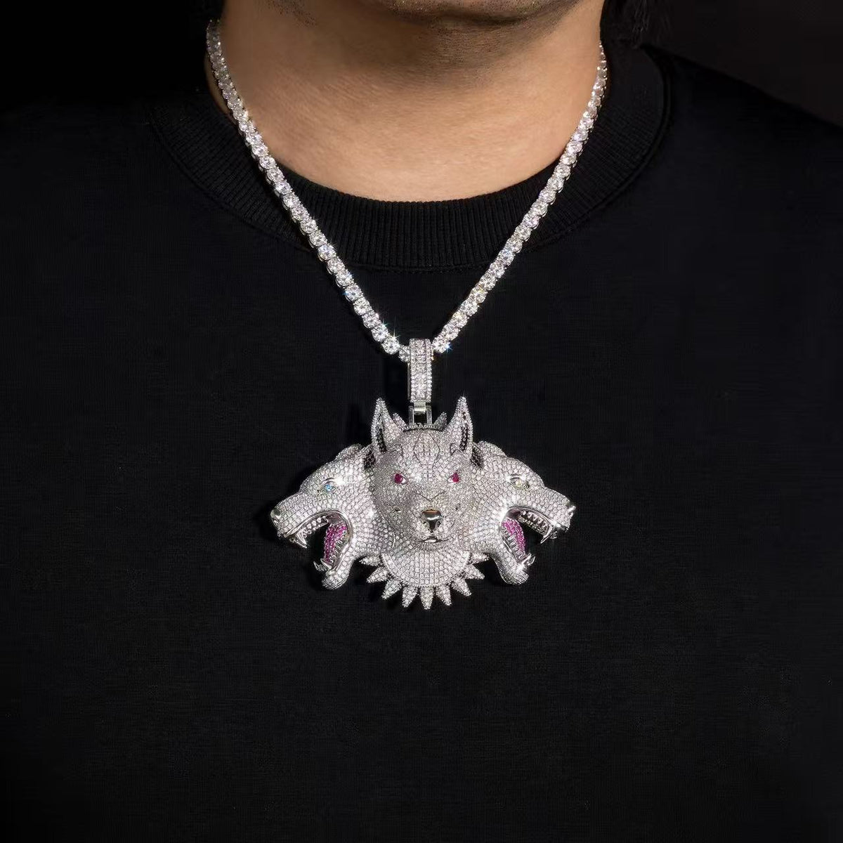 SSS - Custom Triple Wolves Head Diamond pendant set s925 Moissanite Diamond