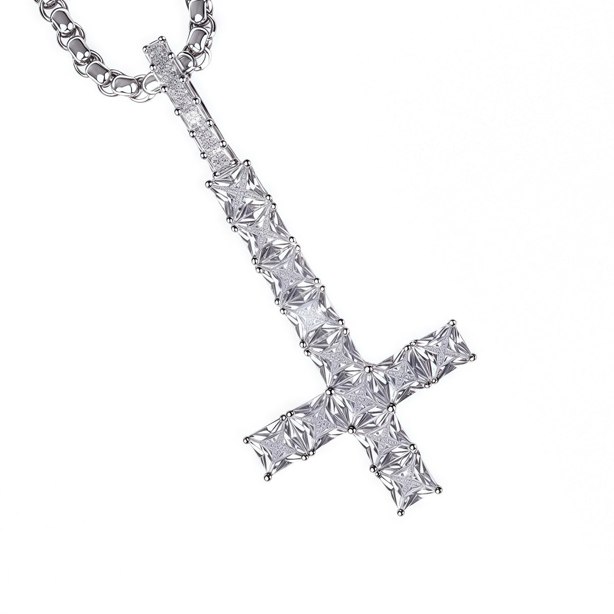 SSS- Up side Dowm Cross Icedout  round cut diamond pendant