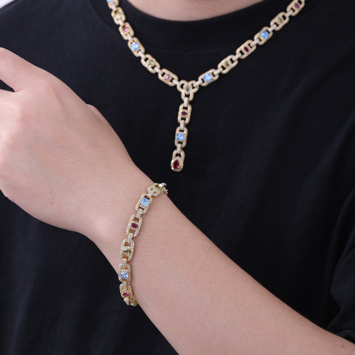 SSS - Sapphire Y shaped cut Rainbow Charm Cross Icedout diamond pendant Link