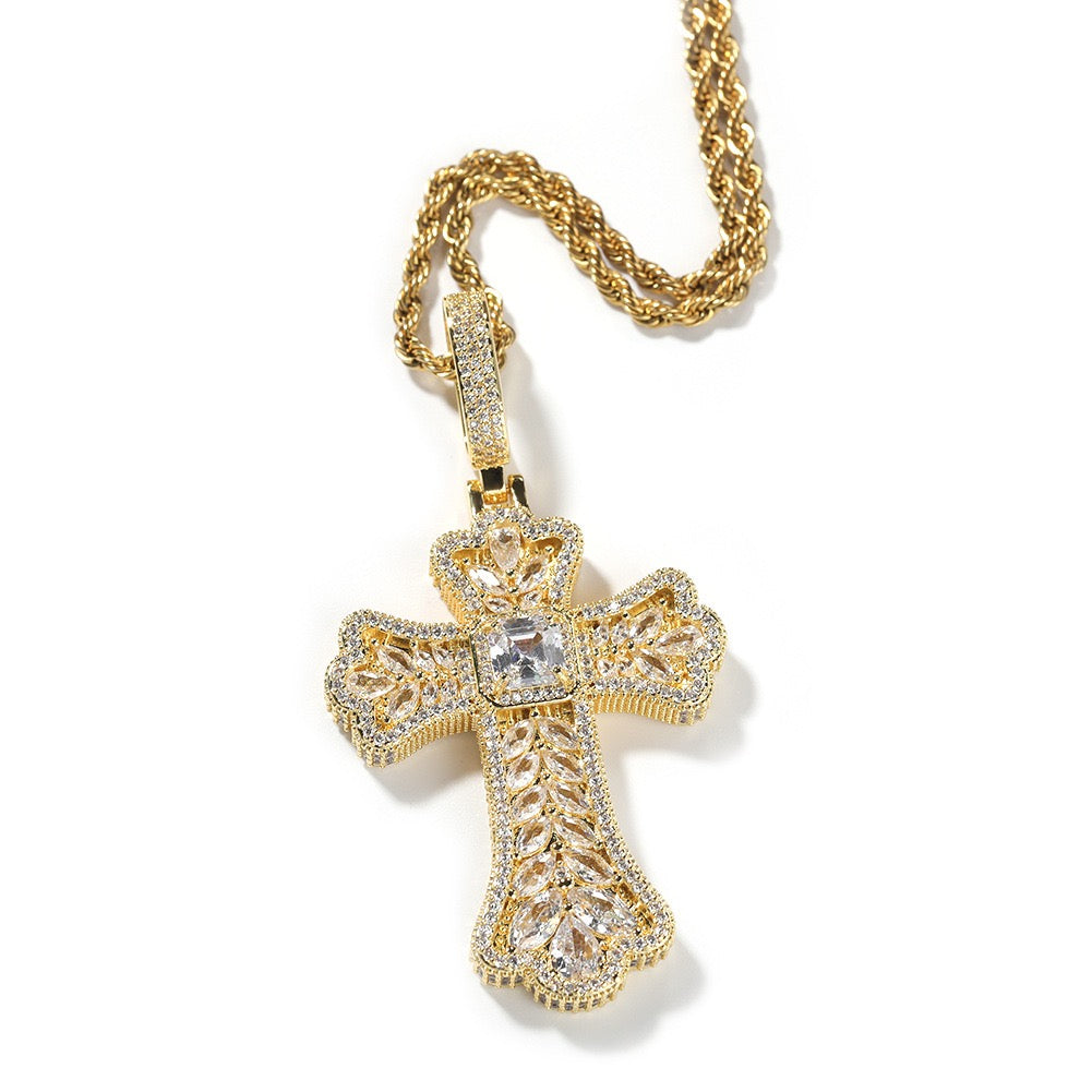SSS - Icedout Ornate sapphire Cross gemstone Diamonds necklace